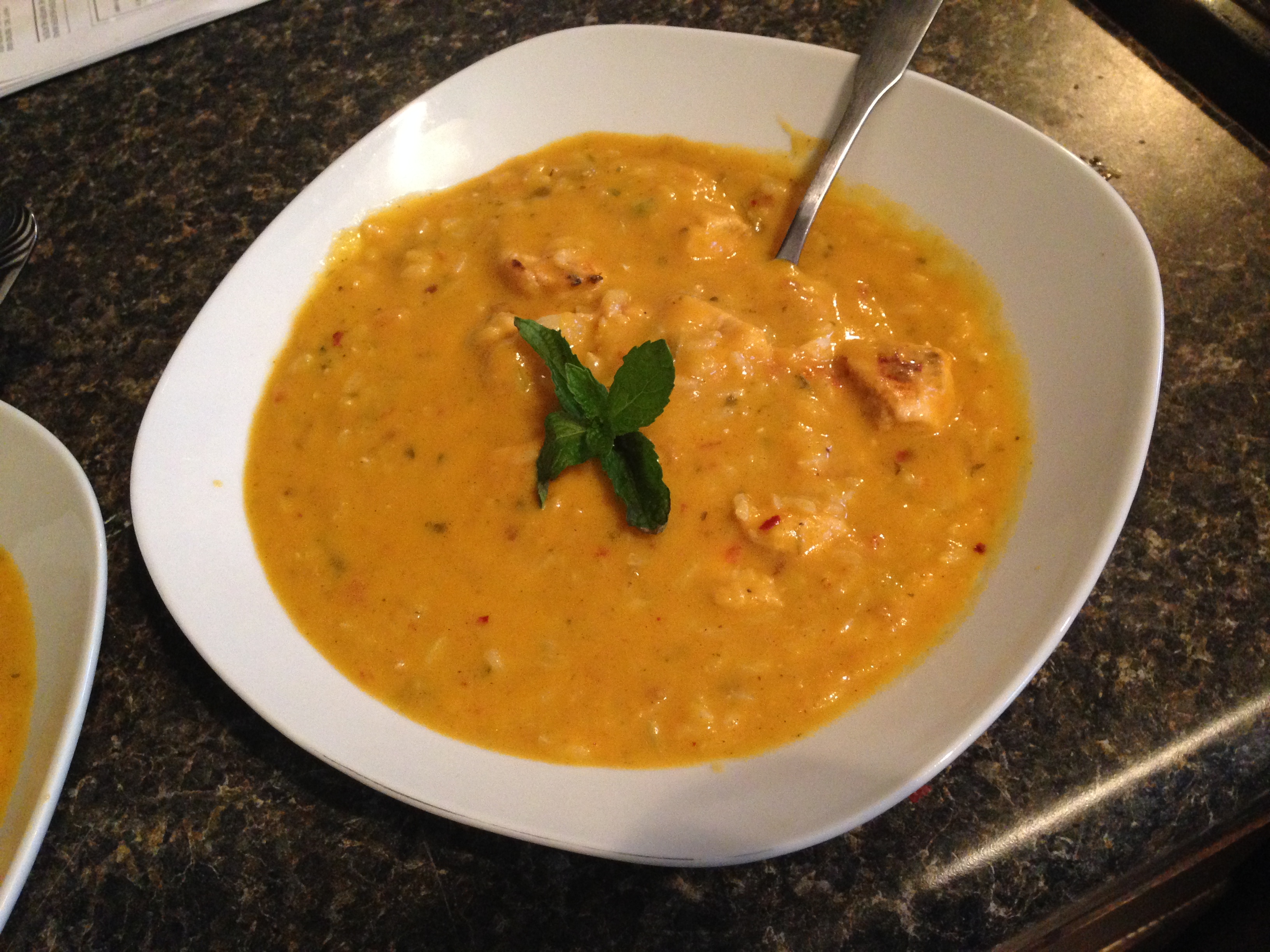 Sweet Potato Tomatillo Bisque with chicken and rice
